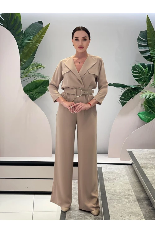 Modatalika Kadın Uzun Kollu Cep Kapak Detaylı Zincir Kemerli Şık Tulum