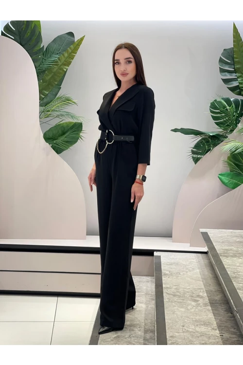 Modatalika Kadın Uzun Kollu Cep Kapak Detaylı Zincir Kemerli Şık Tulum