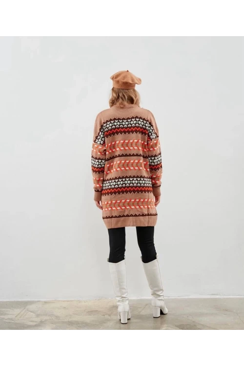 Modatalika Kadın Uzun Kollu Düz ve Desen Kombinli Oversize Triko Tunik