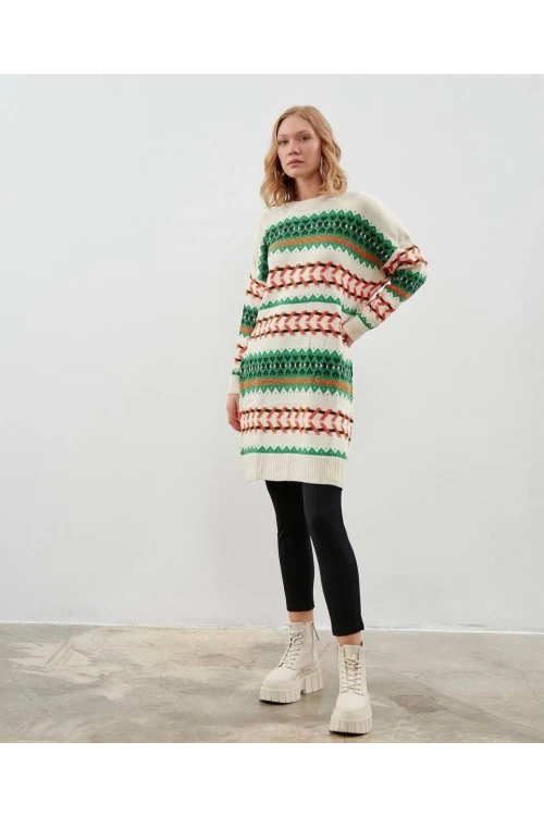 Modatalika Kadın Uzun Kollu Düz ve Desen Kombinli Oversize Triko Tunik