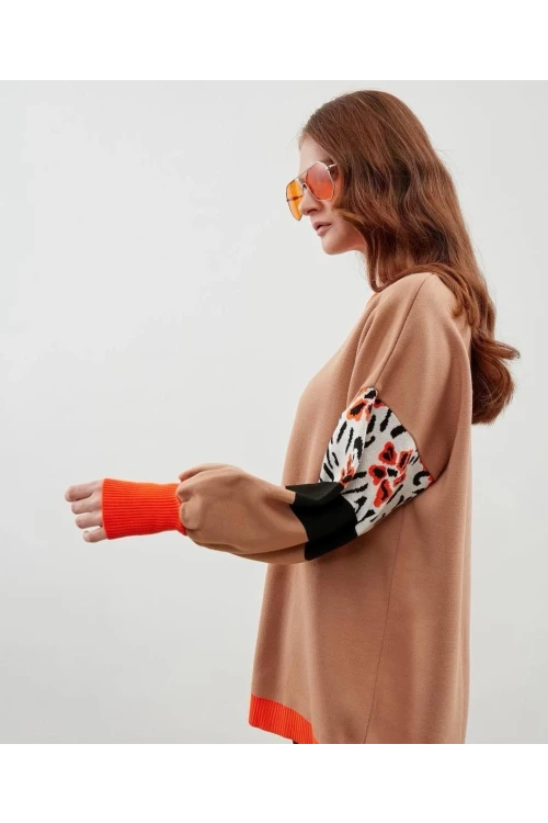 Modatalika Kadın Uzun Kollu Düz ve Kolları Desen Kombinli Oversize Triko Tunik