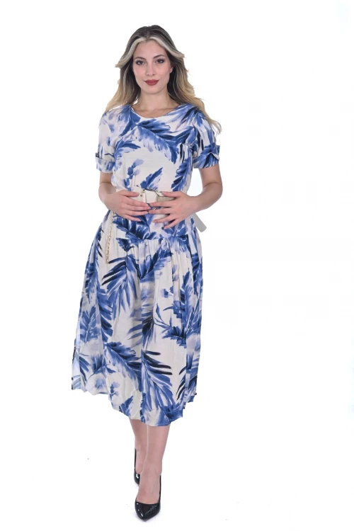 MODATALIKA Kadın Yaprak Desenli Keten Yırtmaçlı Elbise