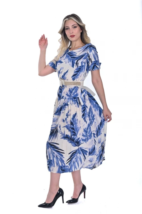 MODATALIKA Kadın Yaprak Desenli Keten Yırtmaçlı Elbise