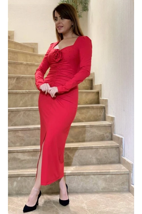 Modatalika Kadın Etek Kısmı Büzgü Aksesuar Detaylı Maksi Şık Tasarım Elbise