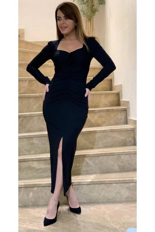 Modatalika Kadın Etek Kısmı Büzgü Aksesuar Detaylı Maksi Şık Tasarım Elbise