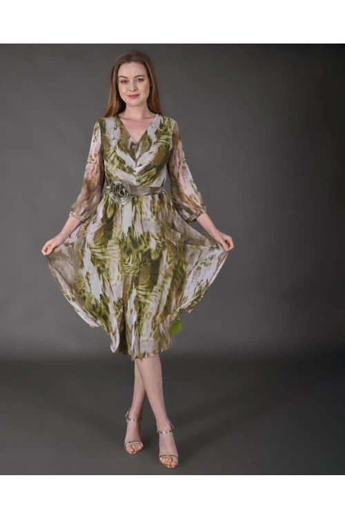 Modatalika Kadın Midi Boy Şifon Desenli Truvakar Kol Yeni Sezon Elbise