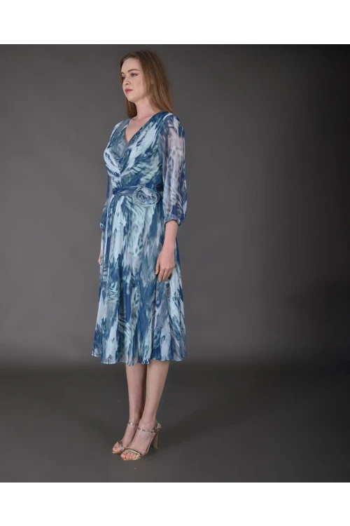 Modatalika Kadın Midi Boy Şifon Desenli Truvakar Kol Yeni Sezon Elbise