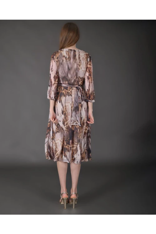 Modatalika Kadın Midi Boy Şifon Desenli Truvakar Kol Yeni Sezon Elbise