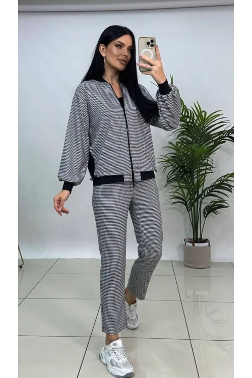 Modatalika Kadın Cepli Pötikare Desen İkili Pantolon Bluz Takım