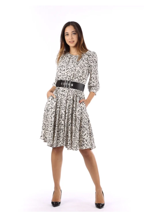 Modatalika Kadın Dokuma Kumaş Dijital Baskı Kemer Aksesuar Detaylı Midi Elbise