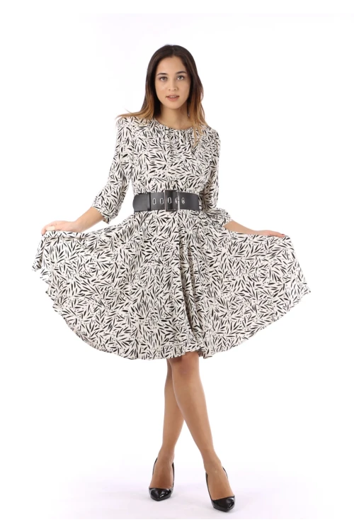 Modatalika Kadın Dokuma Kumaş Dijital Baskı Kemer Aksesuar Detaylı Midi Elbise