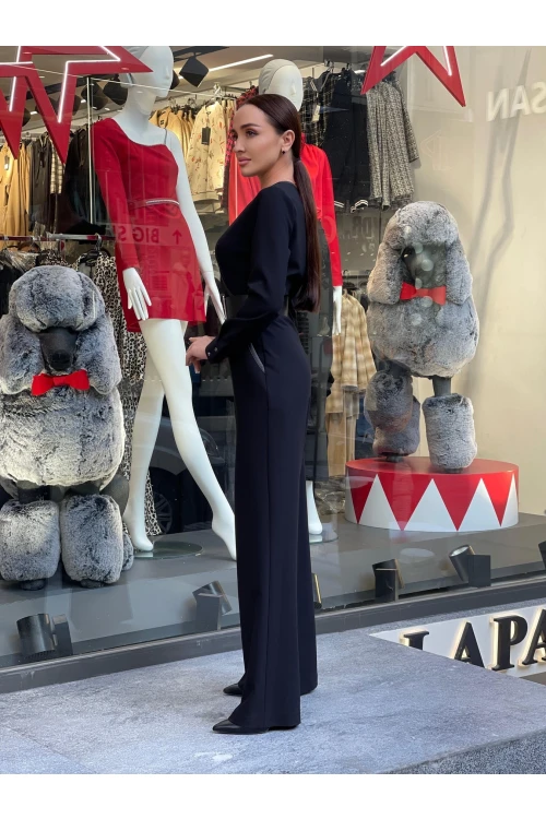 Modatalika Kadın Kruvaze Yaka Deri Biye Detaylı Kemerli Krep Bol Paça Tasarım Tulum