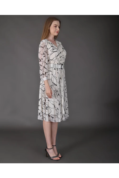 Modatalika Kadın Midi Boy Desenli Truvakar Kol Kemer Detaylı Yeni Sezon Elbise