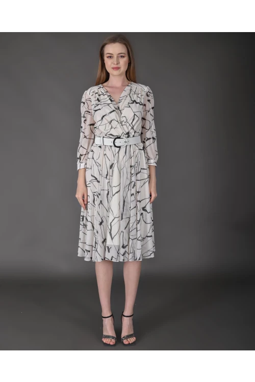 Modatalika Kadın Midi Boy Desenli Truvakar Kol Kemer Detaylı Yeni Sezon Elbise