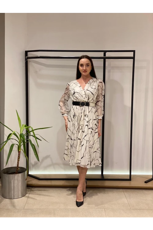 Modatalika Kadın Midi Boy Desenli Truvakar Kol Kemer Detaylı Yeni Sezon Elbise