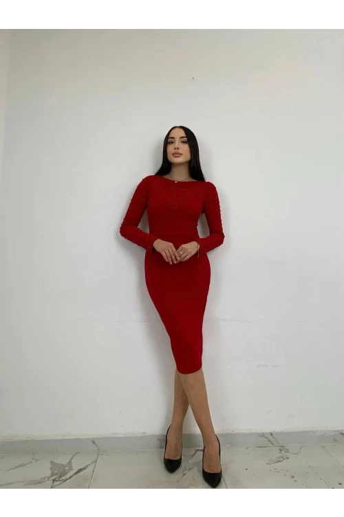 Modatalika Kadın Midi Boy Uzun Kol Özel Tasarım Boncuk İşlemeli Trend Elbise