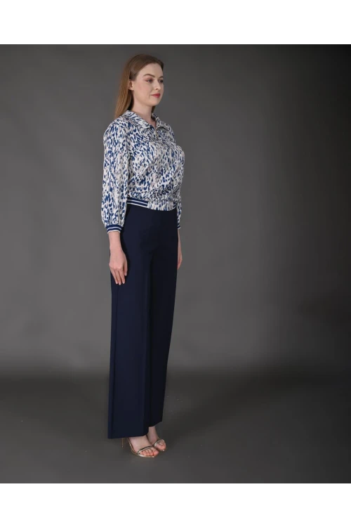 Modatalika Kadın Özel Tasarım Takım Gömlek Yaka Fermuar Detaylı Pantolon Bluz Ribanalı Desenli