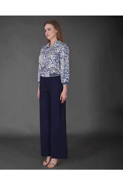 Modatalika Kadın Özel Tasarım Takım Gömlek Yaka Fermuar Detaylı Pantolon Bluz Ribanalı Desenli