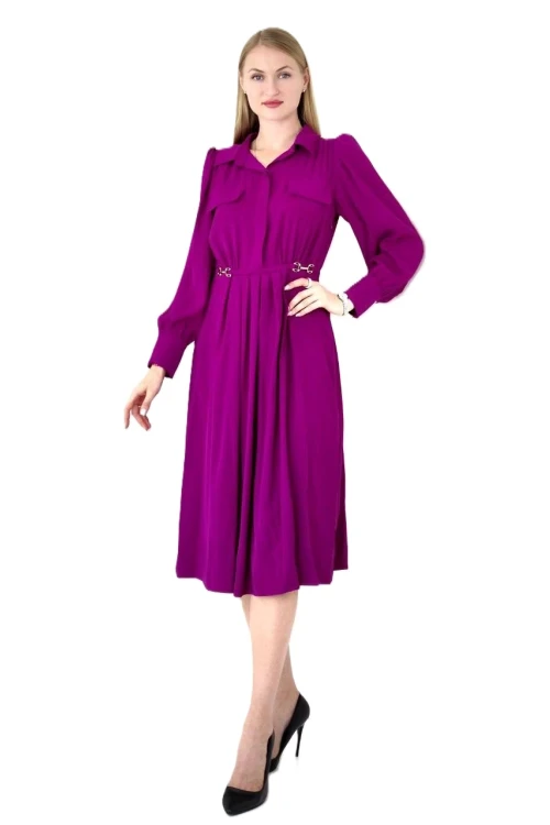 Modatalika Kadın Pile Detaylı Kemerli Gömlek Yaka Şık Uzun Kolu Midi Elbise