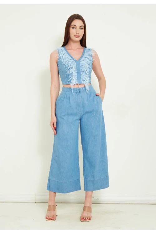 Modatalika Kadın Taş Ve Tüy Detaylı Bol Paça Şık Ve Spor İkili Takım