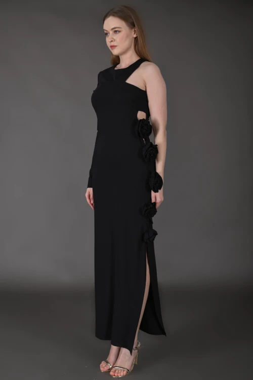 Modatalika Kadın Tek Kollu Gül Detaylı Uzun Şık Abiye Elbise