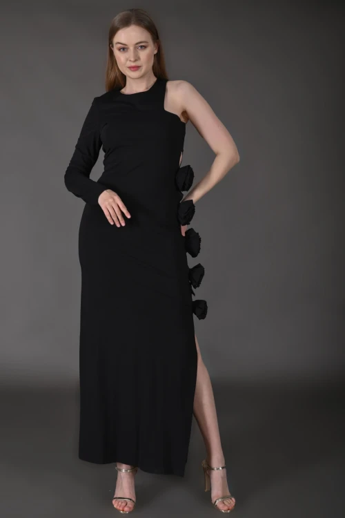 Modatalika Kadın Tek Kollu Gül Detaylı Uzun Şık Abiye Elbise