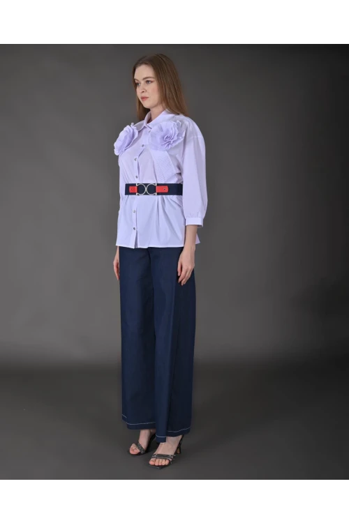 Modatalika Kadın Yeni Sezon Gömlek Pantolon Gül Ve Kemer Detaylı Spor İkili Takım