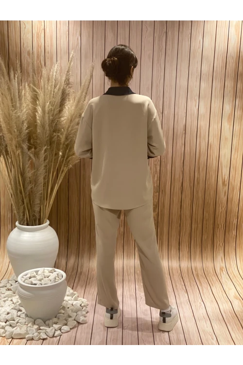 Modatalika Kadın Yeni Sezon Gömlek Yaka Cepli Bluz Pantolon İkili Takım