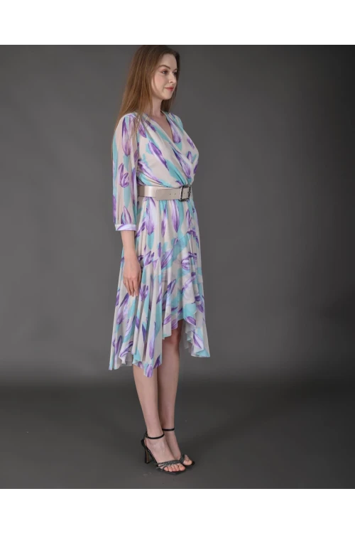 Modatalika Kadın Yeni Sezon Midi Boy Desenli Truvakar Kol Kemer Detaylı Midi Elbise