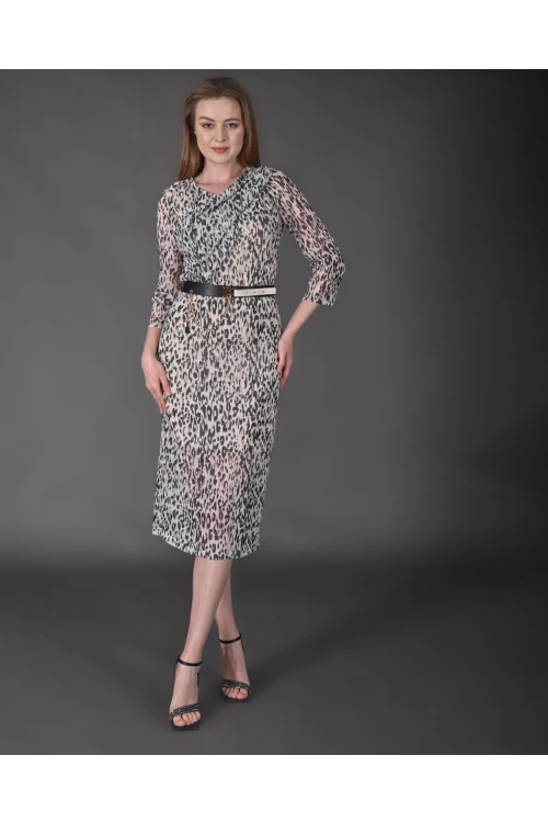 Modatalika Kadın Yeni Sezon Midi Boy Dijital Desenli Truvakar Kol Kemer Detaylı Elbise
