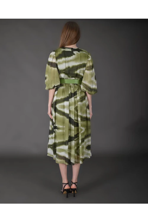 Modatalika Kadın Midi Boy İpek Şifon Dijital Desenli Truvakar Balon Kol Kemer Detaylı Elbise