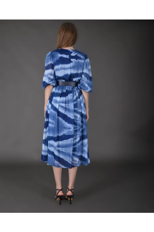 Modatalika Kadın Midi Boy İpek Şifon Dijital Desenli Truvakar Balon Kol Kemer Detaylı Elbise