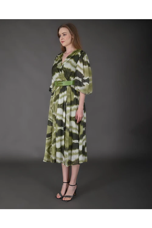 Modatalika Kadın Midi Boy İpek Şifon Dijital Desenli Truvakar Balon Kol Kemer Detaylı Elbise