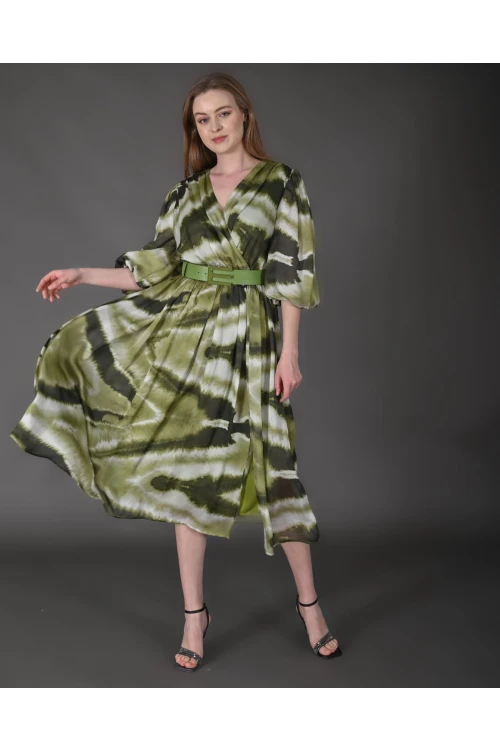 Modatalika Kadın Midi Boy İpek Şifon Dijital Desenli Truvakar Balon Kol Kemer Detaylı Elbise