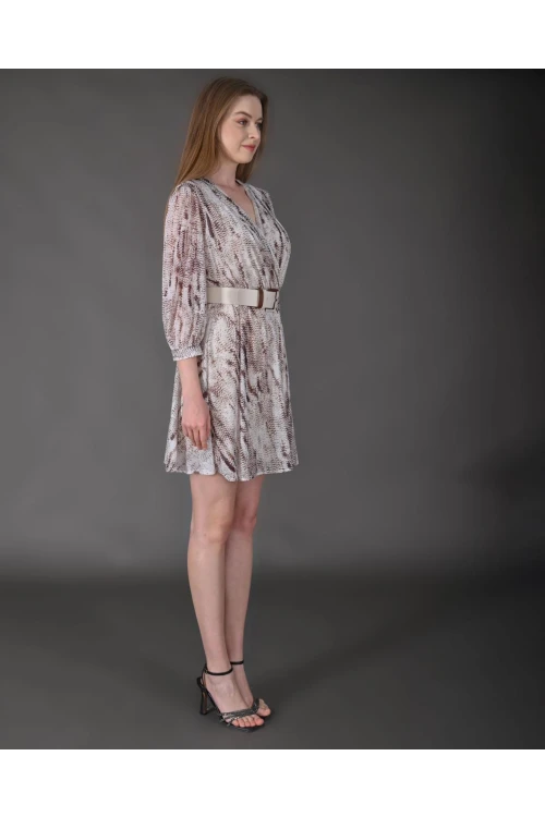 Modatalika Kadın Yeni Sezon Mini Boy Desenli Truvakar Kol Kemer Detaylı Mini Elbise