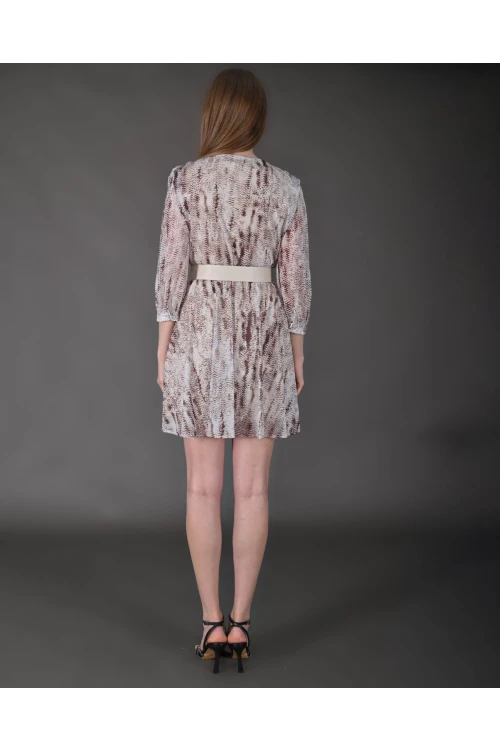 Modatalika Kadın Yeni Sezon Mini Boy Desenli Truvakar Kol Kemer Detaylı Mini Elbise