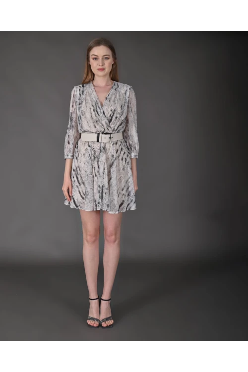 Modatalika Kadın Yeni Sezon Mini Boy Desenli Truvakar Kol Kemer Detaylı Mini Elbise