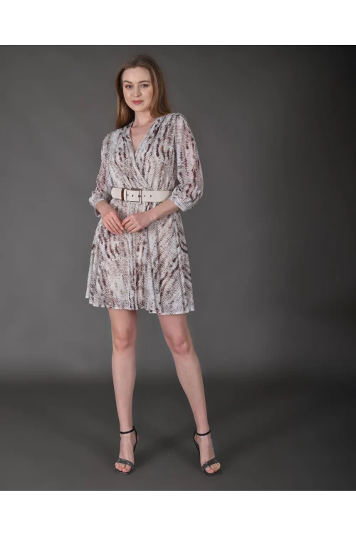 Modatalika Kadın Yeni Sezon Mini Boy Desenli Truvakar Kol Kemer Detaylı Mini Elbise