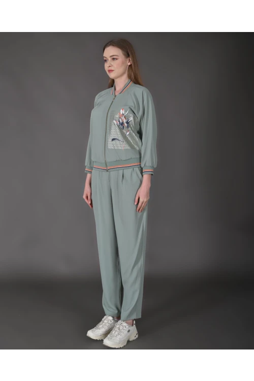 Modatalika Kadın Yeni Sezon Renkli Ribanalı Spor Ceket Pantolon İkili Takım