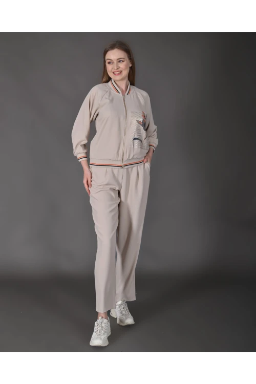 Modatalika Kadın Yeni Sezon Renkli Ribanalı Spor Ceket Pantolon İkili Takım