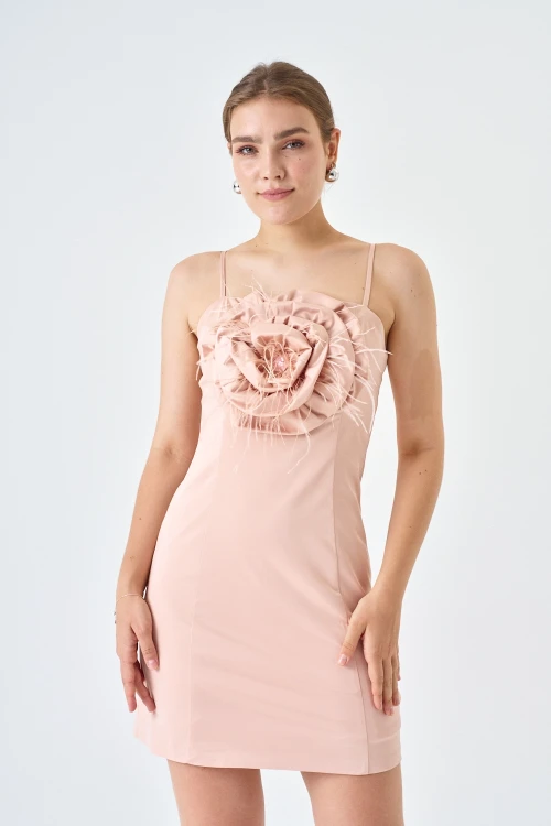 Modatalika Pamuk Saten Kumaş Mini Boy Gül Detaylı Askılı Abiye Elbise