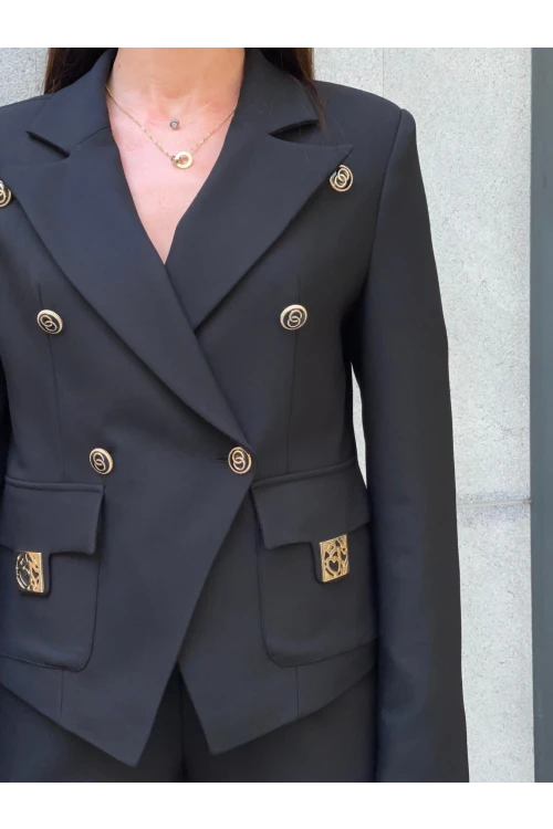 Trend Kadın Düğme ve Aksesuar Detaylı Ceket Pantolon İkili Takım