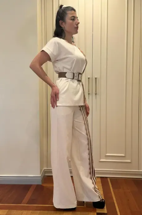 Trend Kadın Krem Keten Dokulu Bol Paça Pantolon ve Kısa Kollu Bluz Takımı