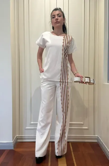 Trend Kadın Krem Keten Dokulu Bol Paça Pantolon ve Kısa Kollu Bluz Takımı