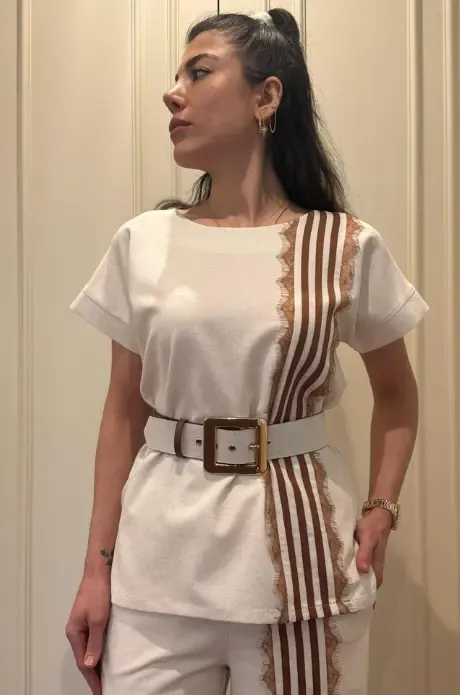 Trend Kadın Krem Keten Dokulu Bol Paça Pantolon ve Kısa Kollu Bluz Takımı