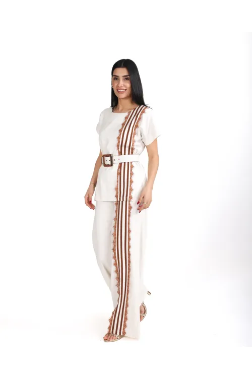 Trend Kadın Krem Keten Dokulu Bol Paça Pantolon ve Kısa Kollu Bluz Takımı