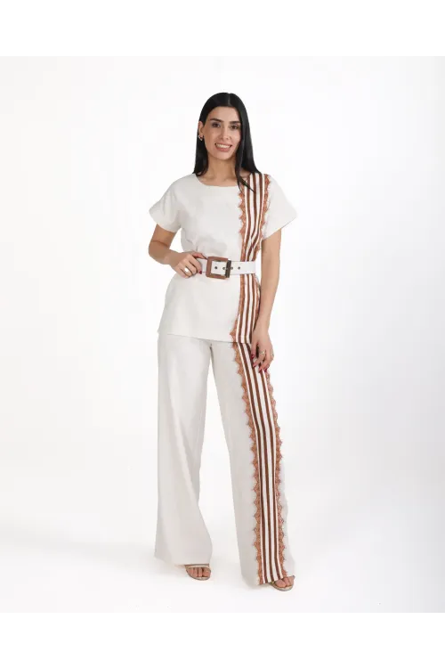 Trend Kadın Krem Keten Dokulu Bol Paça Pantolon ve Kısa Kollu Bluz Takımı