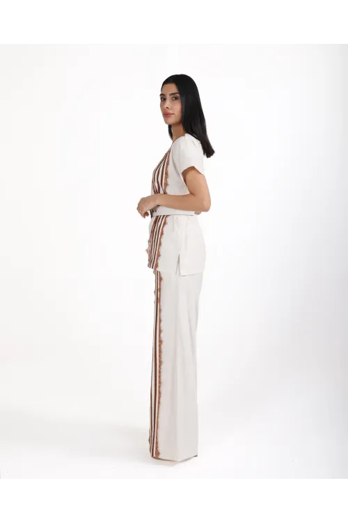 Trend Kadın Krem Keten Dokulu Bol Paça Pantolon ve Kısa Kollu Bluz Takımı