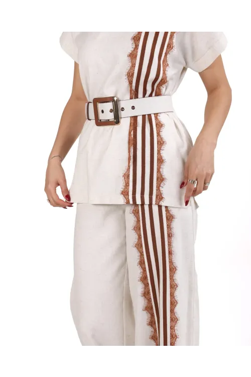 Trend Kadın Krem Keten Dokulu Bol Paça Pantolon ve Kısa Kollu Bluz Takımı