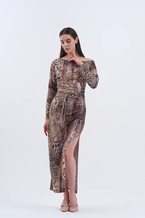 Trend Kadın Leopar Desenli Uzun Elbisemiz,